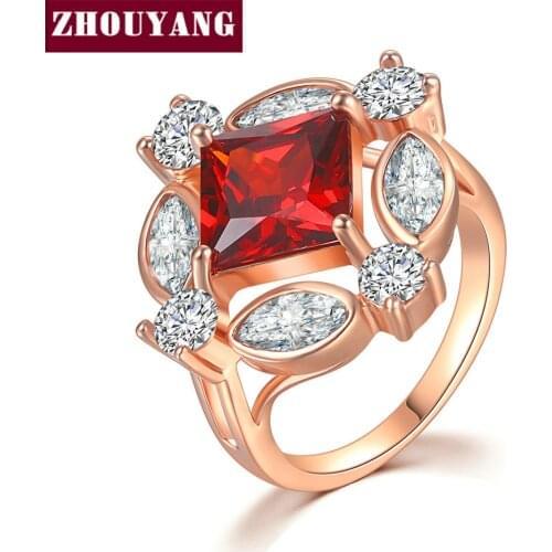 ZHOUYANG Ring For Women Luxury Square Cut Red Crystal Cubic Zirconia Hollow Out Rose Gold Color Gift Fashion Jewelry R835