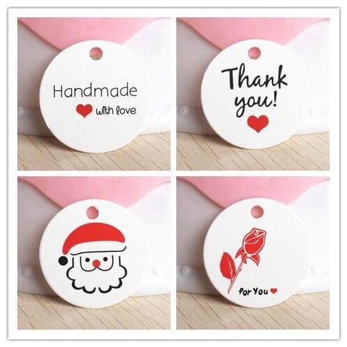 1.18inch 100pcs kraft print paper hand made tag with love for DIY Gift box tag 3cm round lovely product packing/price tags/cards