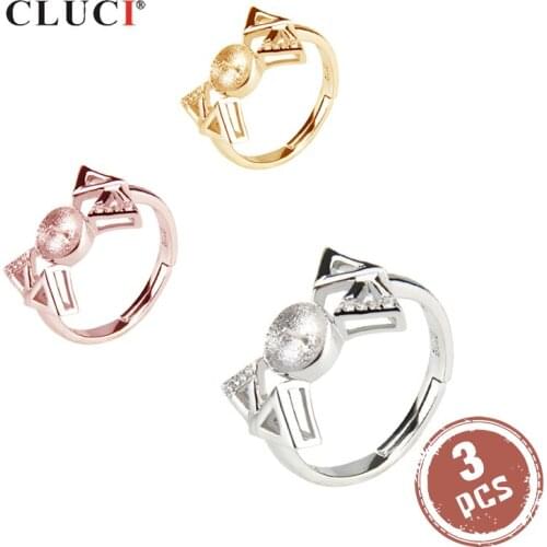 CLUCI 3pcs Silver 925 Zircon Ring Settings for Women Geometric 925 Sterling Silver Ring for Pearl Jewelry Making SR2012SB