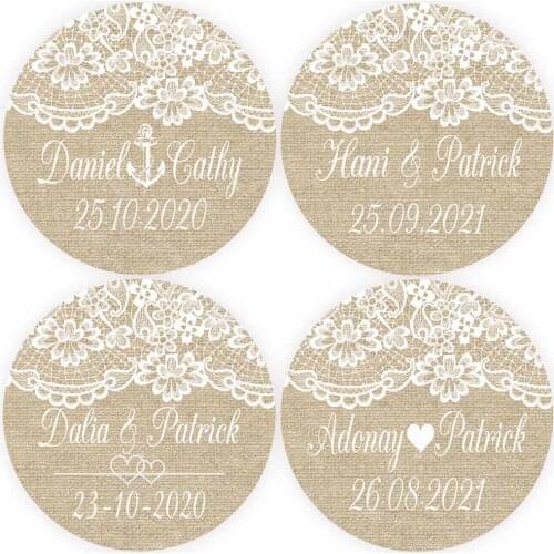 DouxArt 100 Pieces Personalized Wedding Stickers, 4cm Lace Linen Wedding Favors Baptism Communion Party Decoration Gift Labels