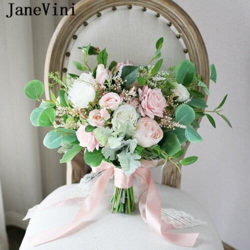 JaneVini Elegant Wedding Bouquets Roses Summer Boho Eucalyptus Bridal Bouquet Light Pink Artificial Silk Flowers Buque De Noiva