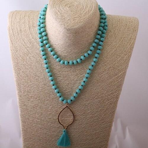 Fashion Knotted Aqua Glass Crystal Metal Connectors Aqua Tassel Necklace Free Shipping
