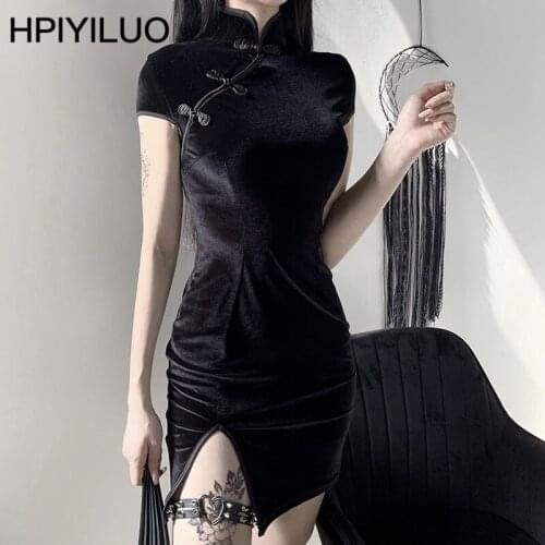 Shestyle Velvet Splited Cheongsam Dress Women Solid Vintage Stunning Chinese Qipao Elegant Gothic Style Sexy Pink Black Clothes