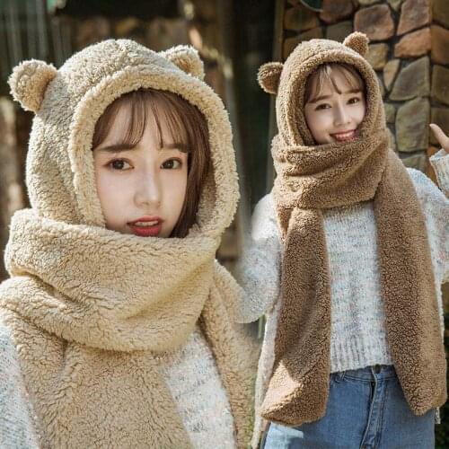 2021 Autumn Winter Warm Cute Bear Ear Caps Women Girls Casual Plush Scarf Hat Set Soft Casual Furry Caps Fashion Headwear