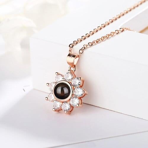 Custom Photo Name I Love You 100 Languages Sunflower Necklace Projection Pendant Necklace For Women Girls Valentines Day Gifts