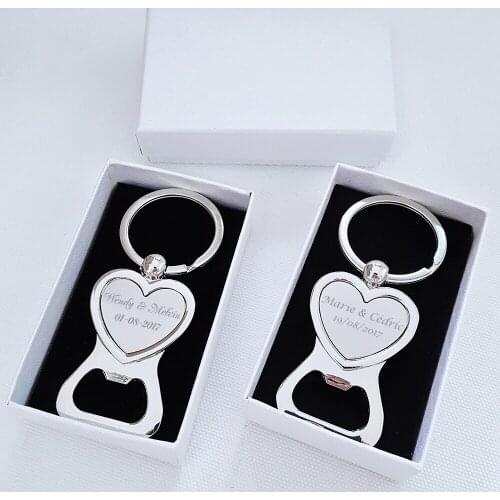Personalized Heart Keychain Key Holder Wedding Favor Custom Names Metal Silver Key Chain Bottle Opener with White Gift Box 50pcs