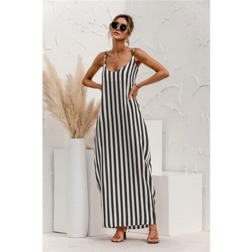 Summer Dress Women Clothing Striped Print Long Dress For Women Sling Pocket Sleeveless Backless Loose Dresses Vestiod Femme Robe