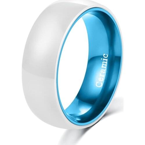 POYA White Ceramic Ring Mens Womens Wedding Band with Blue Aluminum Liner Comfort Fit