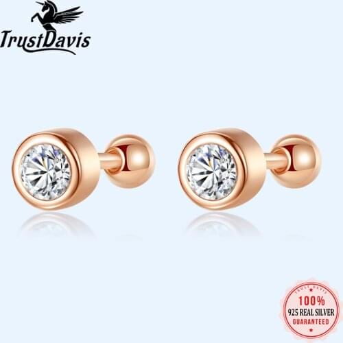 Trustdavis Real 925 Sterling Silver Round CZ Screw Stud Earrings For Women Children Baby Kids Mini Minimalist Jewelry DA1872