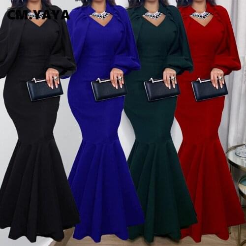 CM.YAYA Elegant Full Lantern Sleeve Ankle-length Mermaid Dress Women Evening Party Maxi Dresses Office Lady Spring New Fashion