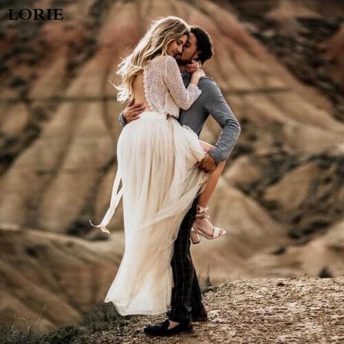 LORIE Boho Wedding Dress 2 Pieces Vestidos de novia A Line Lace Sexy Bridal Dresses Elegant 3/4 Sleeve Wedding Gowns