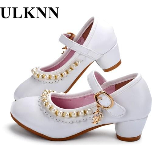 ULKNN Kids Shoes Girls Sandals Ruffles Pink White Fille Shoes Pearl Soft Leather Female Sandal Children Princess Dress Shoes