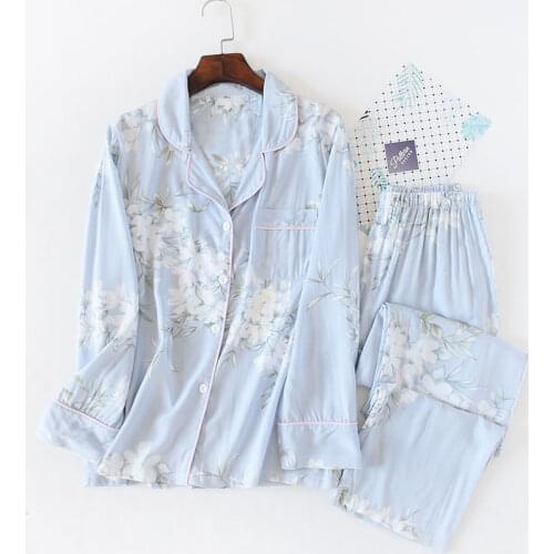 Fresh floral 100% gauze cotton pajama sets women summer thin long sleeve casual cozy sleepwear spring women pyjamas