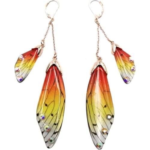 Handmade Fairy Tale Butterfly Wing Earrings Women Simulation Insect Wing Drop Earrings Foil Crystal Earrings Romantic Jewelry