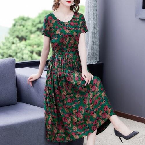 2021 Red Floral Bodycon Mulberry Silk Midi Dress Summer Vintage Satin 4XL Plus Size Print Sundress Elegant Women Party Vestidos