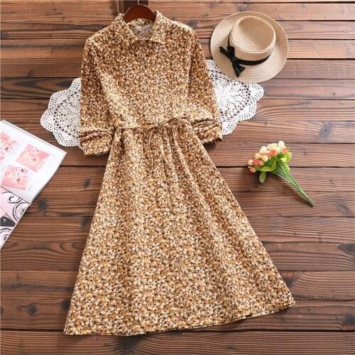 Mori girl midi elegant vestidos japan style long sleeve women floral coduroy dress