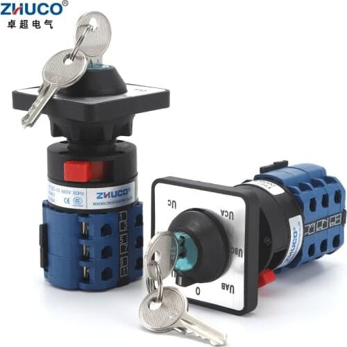 ZHUCO SZW26/LW26-20C YH5.3Y 20A 3 Poles 7 Positions Voltmeter Selector Rotary Cam Changeover Switch With Key