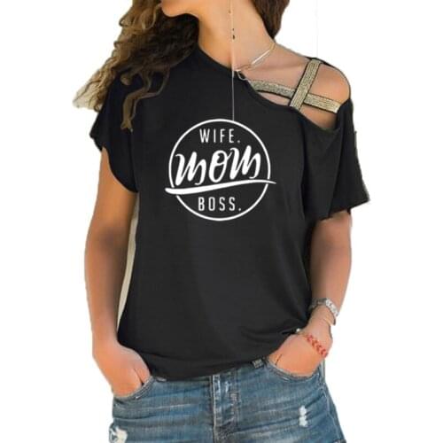 2019 Fashion T-Shirt for Women Pocket WIFE MOM BOSS Letters Print Tshirt Plus Size Tops Women Irregular Skew Cross Bandage Tees