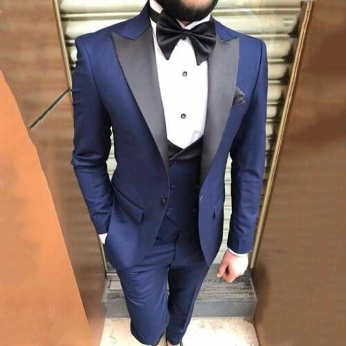 2021 Blue Formal Men Suits Sim Fit for Wedding 3 Pieces Groom Tuxedo Smoking Jacket Vest with Pants Peaked Lapel Custom Costume