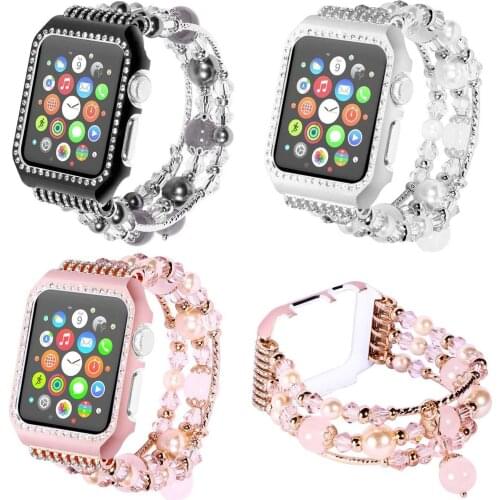 Shiny Rhinestones Metal Case Cover + Bling Agate Stretch Bracelet Strap for Apple Watch iWatch Band Series 3 2 1 42mm 38mm Belt