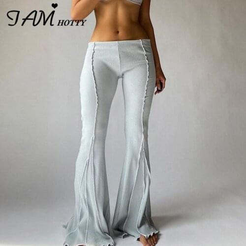 Low Waist Ribbed Loose Floor Flare Pants Women Solid Casual All-Match Reverse Thread Joggers Sweatpants Long Trousers Iamhotty
