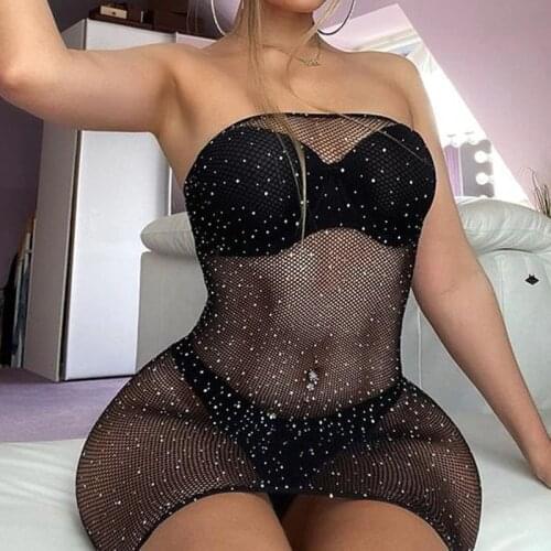 DSMTRC Black Sexy Hot Drilling Transparent Strapless Mini Dress Clubwear Midnight Bodycon Tight Dress for Women New Skinny 2021