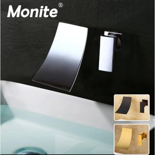 Monite Matte Black Wall Mounted Bathtub Faucet Waterfall Spout Chrome Solid Brass Bathroom Basin Sink Faucet 1 Handle Mixer Taps