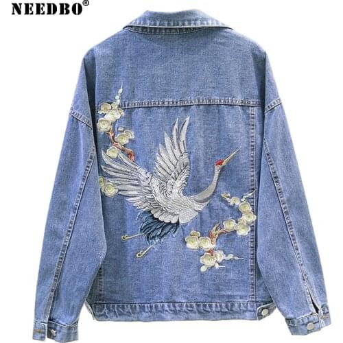 Denim Jacket Oversize Women Casual Loose Jeans Jacket Embroidery Small Crane Denim Jacket Veste Femme Women Jackets Coat Outwear