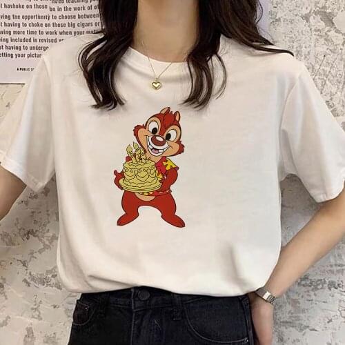 Disney Tshirt Chip And Dale Print T-Shirt Kawaii Women Harajuku Short Sleeve Female Casual O-Neck White Tee Top Streetwear