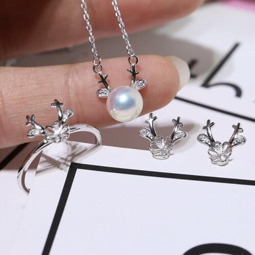 Christmas Gift Cute Deer 925 Sterling Silver Necklace Ring Earrings Set Mountings Findings Beautiful Jewelry Set Parts Fittings