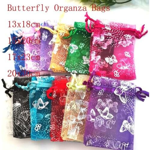100pcs/Lot 15x20 17x23 20x30 cm Butterfly Organza Drawstring Bags Jewelry Gift Pouch Candy Packaging Bags Christmas Display Bags