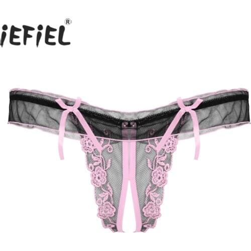 Men Flower Embroidery Sheer Sexy Thong Lace Elastic Waistband Crotchless G-string Transparent Mesh Exotic Underwear Clubwear
