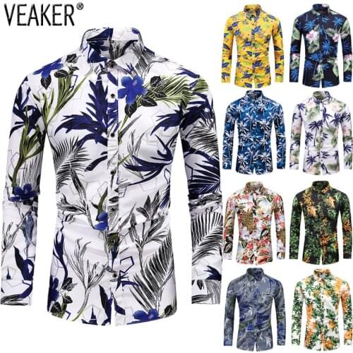 2021 New Mens Slim fit Floral Printed Shirts Male Autumn Casual Long Sleeve Hawaiian Beach Flower Basic Tops Plus Size L-7XL