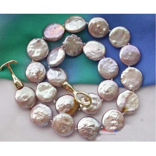 Handmade Real Pearl Jewellery,Huge 17'' 13-16mm Coin Natural Lavender Coin Freshwater Pearl Necklace,Perfect Women Birthday Gift