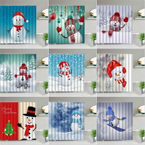Christmas Snowman Shower Curtains Set Happy New Year Winter Luxury Polyester Funny Cartoon Bathroom Decor Background Wall Cloth