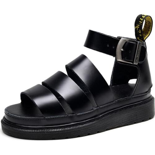 Black Sandals Women Summer Breathable Wear-resistant Thick-soled Roman Buckle Open-toe Flat Leather Fish Mouth Fashion Sandals