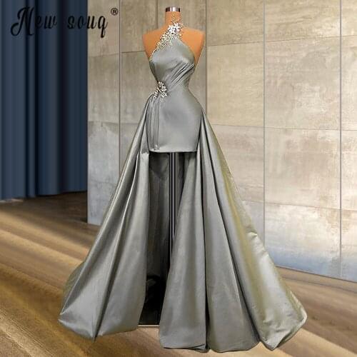 Grey Strapless Prom Dresses Appliqued Party Gowns Middle East Detachable Train Evening Dress Vintage De Soiree Robe Custom