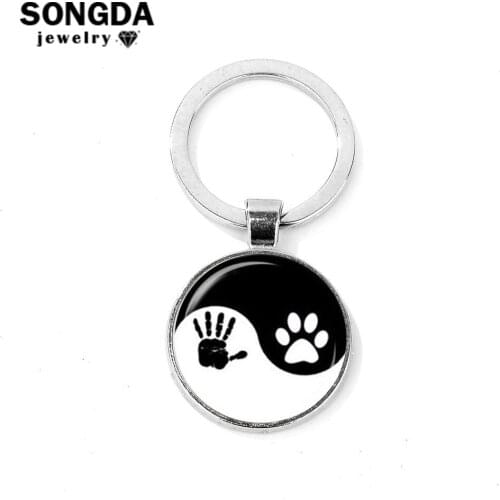 SONGDA Black White Yin Yang Key Chain Best Friend Dog Paw & Baby Hand Print Glass Cabochon Purse Bag Pendant Tai Chi Key Ring