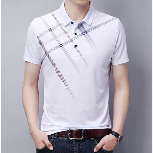 Ice Silk Thin T-shirt Mens Short-sleeved Lapel Summer Loose Fashion Striped Polo Shirt Male Business Casual T-shirt Half Sleeve