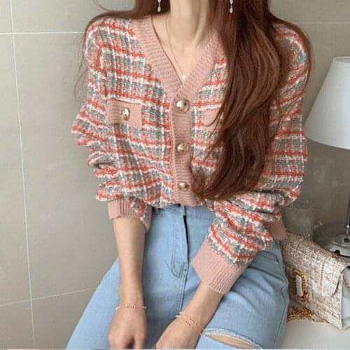 Vintage Plaid Cardigan Sweater Women Knitted Sweater Loose V-neck Long Sleeve Oversized Sweaters Harajuku Style Fall Winter