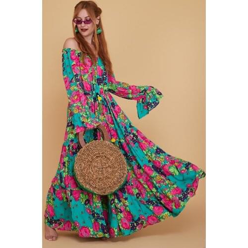 Madonna Collar Tasseled Green Color Viscose Fabric Floral Pattern Long Boho Dress For Women 2021 New Fashion Authentic Clothing