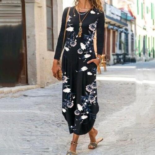 2021 Autumn Long-sleeved Maxi Dress Women Fashion O-neck Floral Print Patchwork Pocket Irregular Party Vintage Elegant Dress