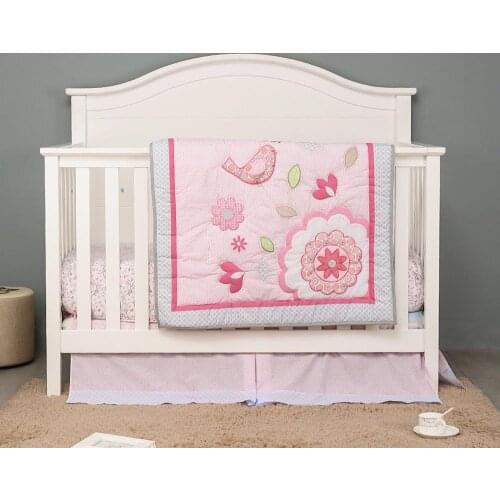 3PCS Pink Baby Crib Bedding Set for Girls Cartoon Bird Newborn Baby Bed Linens Cotton Cot Sets