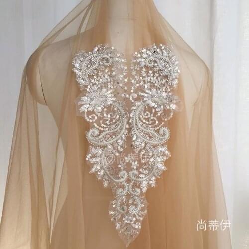 3 pieces Silver Sequin Patch Lace Applique Beaded Garment Wedding Dress Accessories 2020 high-quality