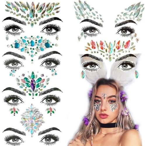 6 Set DIY Face Resin Crystal Rhinestone Gems Glitter Temporary Tattoo Stickers for Rave Festival Party Eyes Forehead Decor