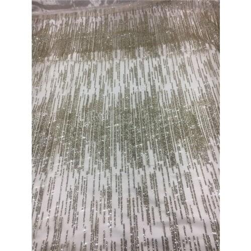 Shinny small strip african glitter tulle fabric sparkly YG-314 glued glitter sequins lace fabric for party dress