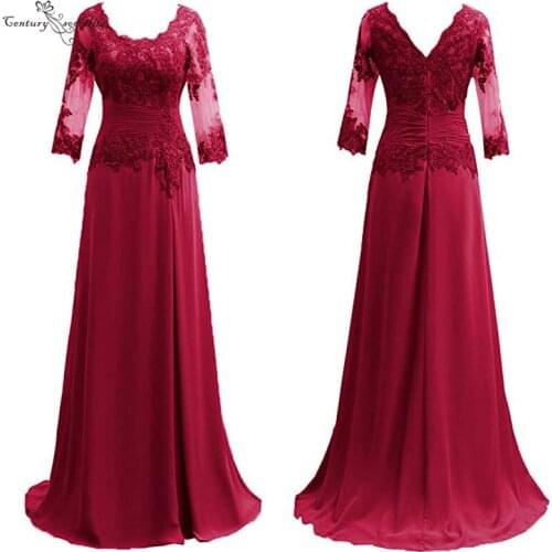 Burgundy Long Sleeve Mother Of the Bride Dresses Plus Size 2020 Lace Applique Chiffon Evening Formal Dress for Wedding Guest