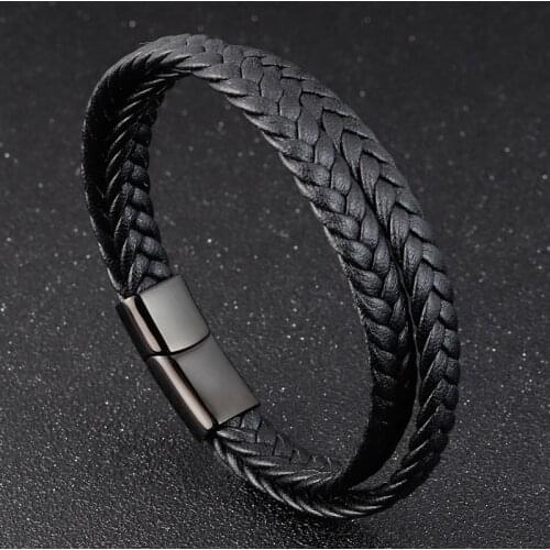 Trendy Men Jewelry Popular Black Color Genuine Leather Bracelet Multi-layer Design Charm Cuff Bangle For Handsome Boy Gift