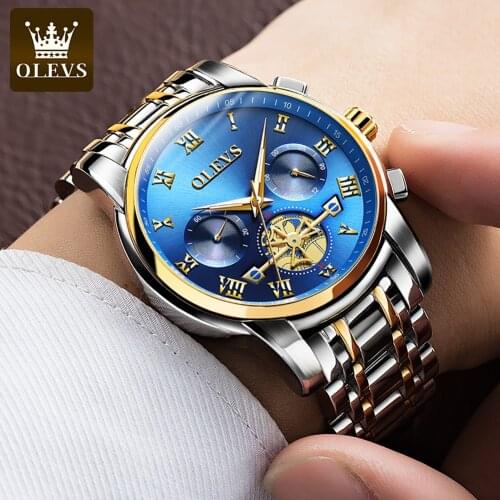 Mens Watch OLEVS Brand Fashion Luxury Decorate Tourbillon Wristwatch Stainless Steel Waterproof Chronograph Quartz Watch Men