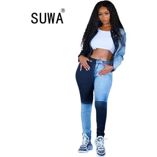Black Blue Contrast Patchwork Button High Waist Sexy Skinny Denim Pants Jeans 2020 High Street Fashion Stacked Legging Trousers